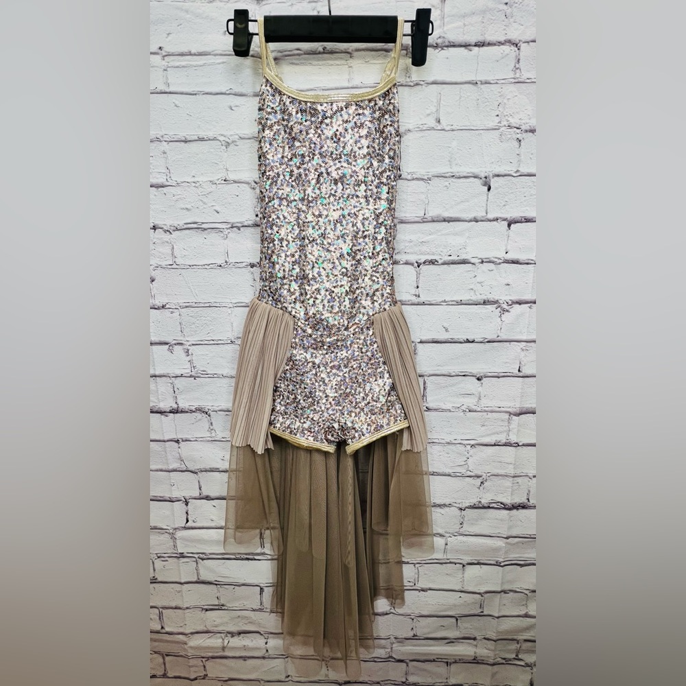 Curtain Call Costume Dance Recital style R418 gold sequin and tulle size CLA